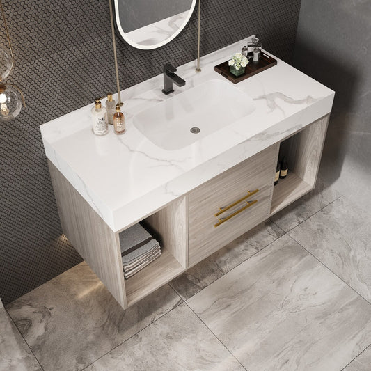 39.4 '' Floating Bathroom Vanity with Ceramic sink,Wall Hung Vanity 2 Soft Close Drawer and white slate top - 39'4 x 18'9