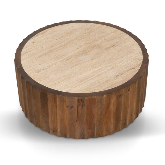 Avanti 89cm Travertine Top Round Coffee Table - Walnut