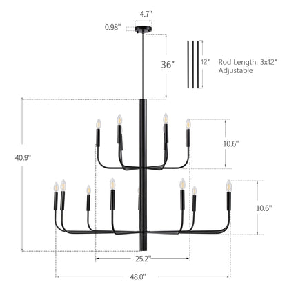 15-Light Minimalist Candlestick Chandelier, 2 Tier Ancient Design - 48