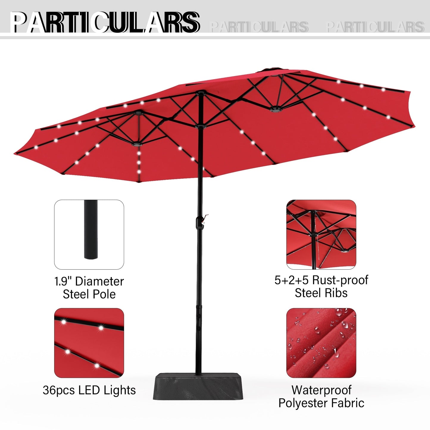 15-foot Rectangular Crank Double-sided Outdoor Market Umbrella Solar LED Lighted Patio Umbrella with Base Included