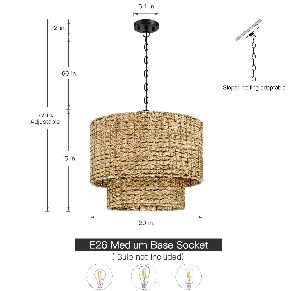 4-Light Natural Rattan Traditional Drum Pendant Light Black Canopy - Black/earthy - 20 in. W