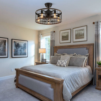 20 in. Low Profile Ceiling Fan Light Modern Farmhouse Wood Finish Caged Ceiling Fan with Light and Remote