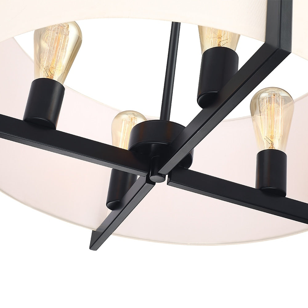 22 in. 4-Light Matte Black Chandelier Pendant Light with White Drum Shade - 22W