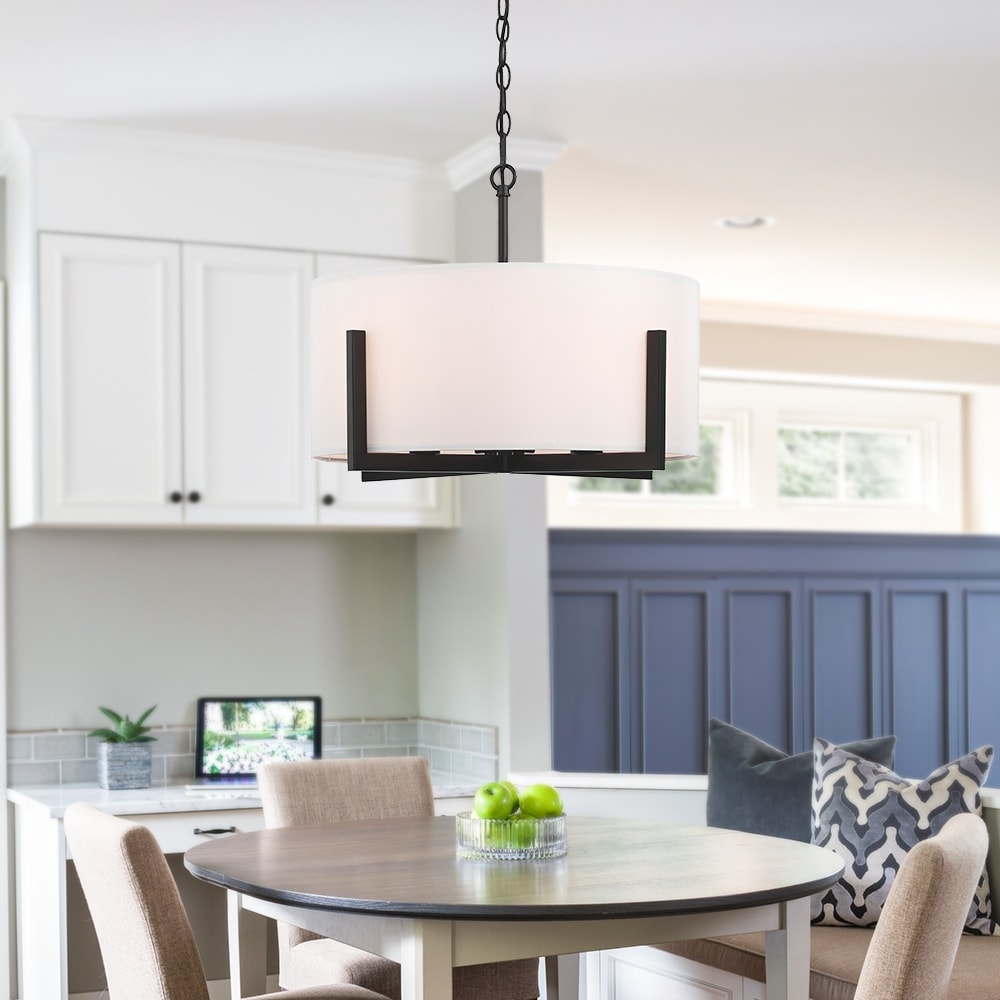 22 in. 4-Light Matte Black Chandelier Pendant Light with White Drum Shade - 22W