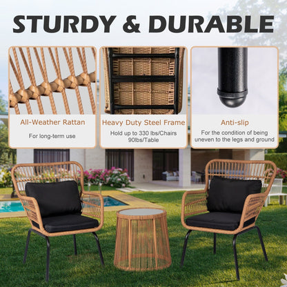 3 Piece Outdoor Wicker Conversation Bistro Set, All-Weather Rattan Furniture Patio Chairs Set with Cushions