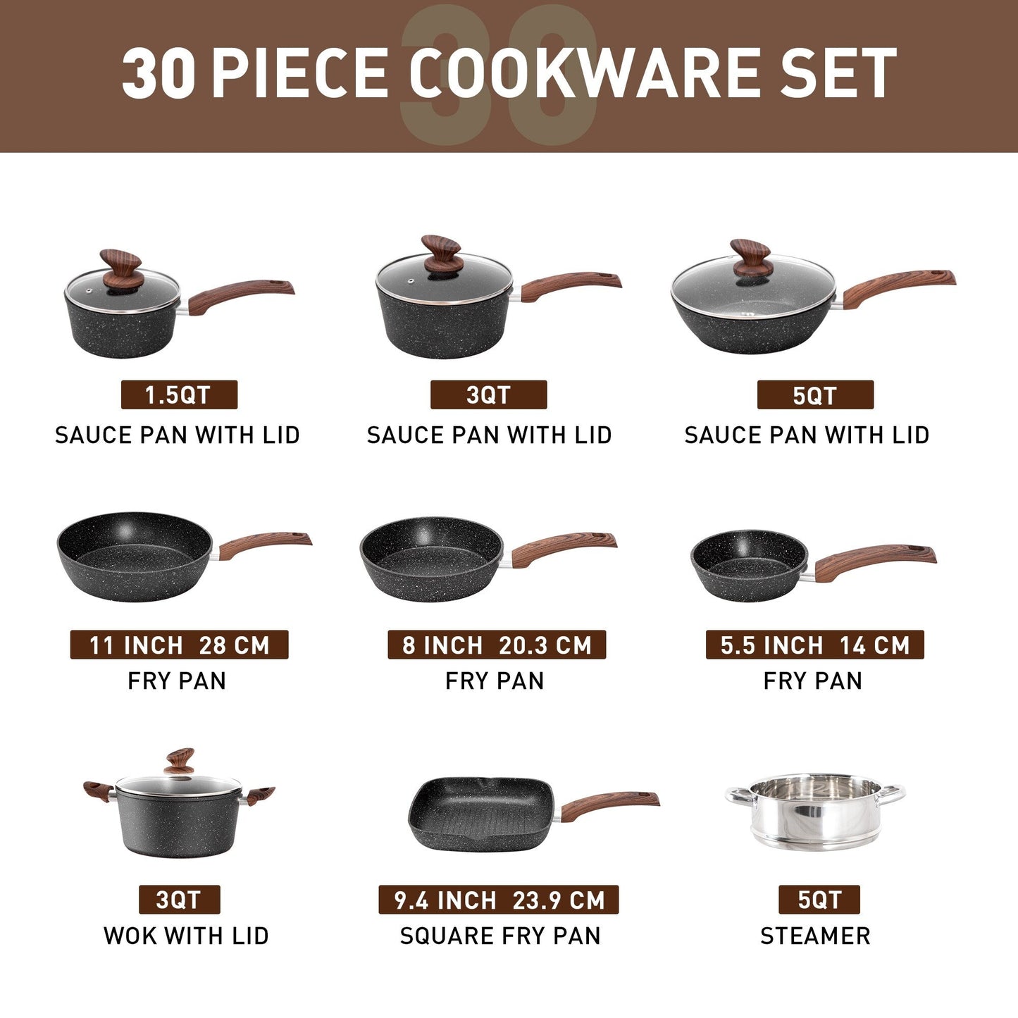 30-Piece Kitchen Granite Cookware and Bakeware Set, Cooking Pans Set Non-Stick Pots and Pans Set