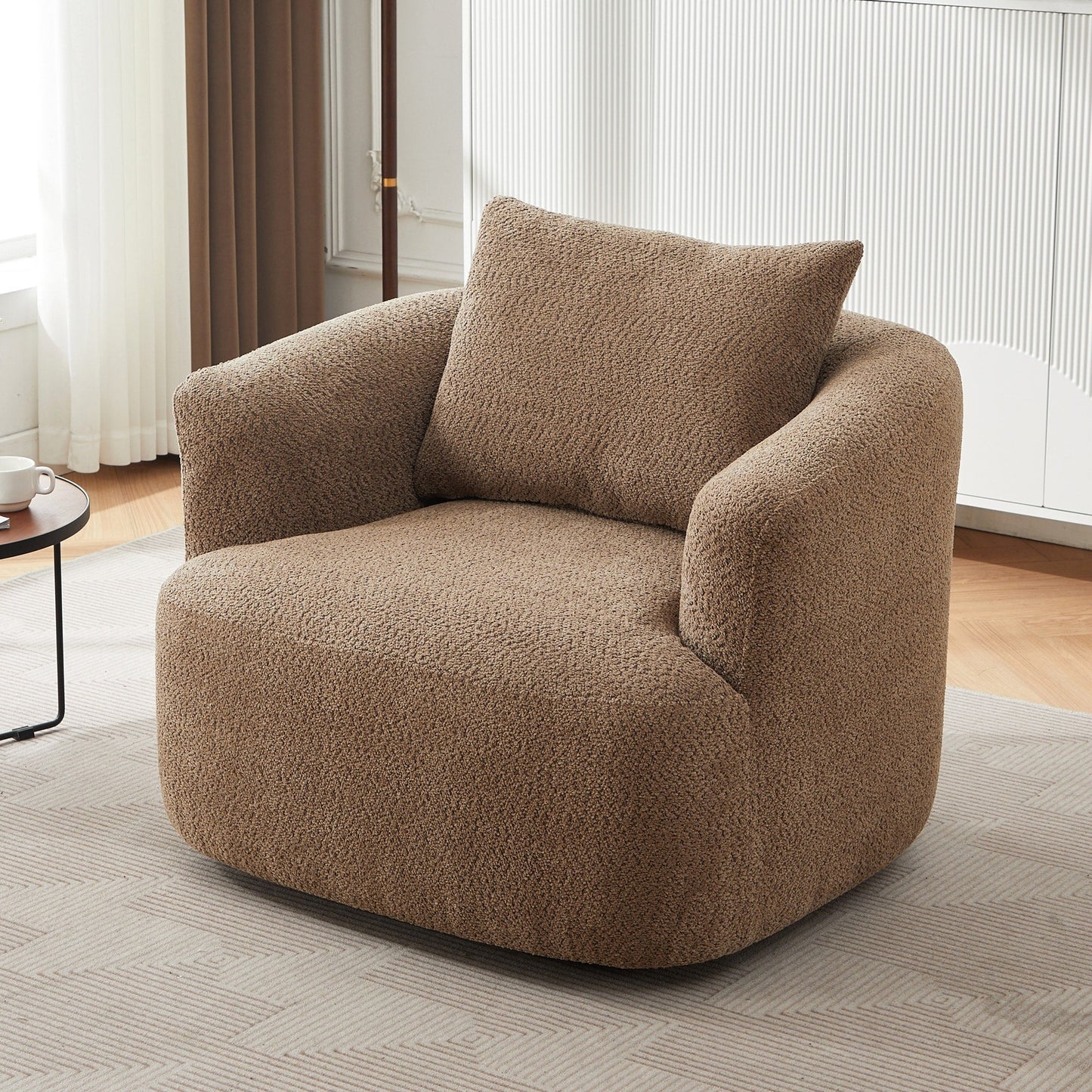 360° Swivel Chair, 38.2 Boucle Accent Chair with Throw Pillow, Upholstered Barrel Sofa Chair with Curved Armrests