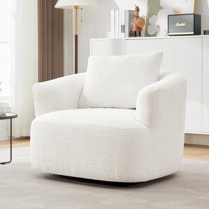 360° Swivel Chair, 38.2 Boucle Accent Chair with Throw Pillow, Upholstered Barrel Sofa Chair with Curved Armrests