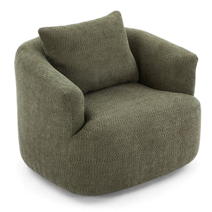 360° Swivel Chair, 38.2 Boucle Accent Chair with Throw Pillow, Upholstered Barrel Sofa Chair with Curved Armrests