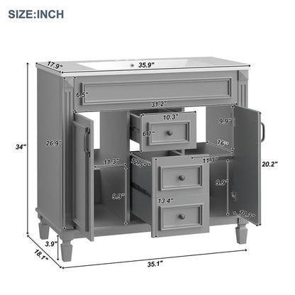 36'' Modern Bathroom Vanity with Top Sink and Mirror Cabinet,2 Doors and 2 Drawers