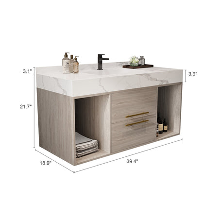 39.4 '' Floating Bathroom Vanity with Ceramic sink,Wall Hung Vanity 2 Soft Close Drawer and white slate top - 39'4 x 18'9