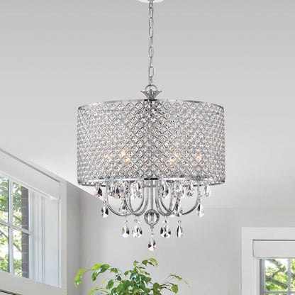 Round Beaded Drum Chandelier with Hanging Crystals