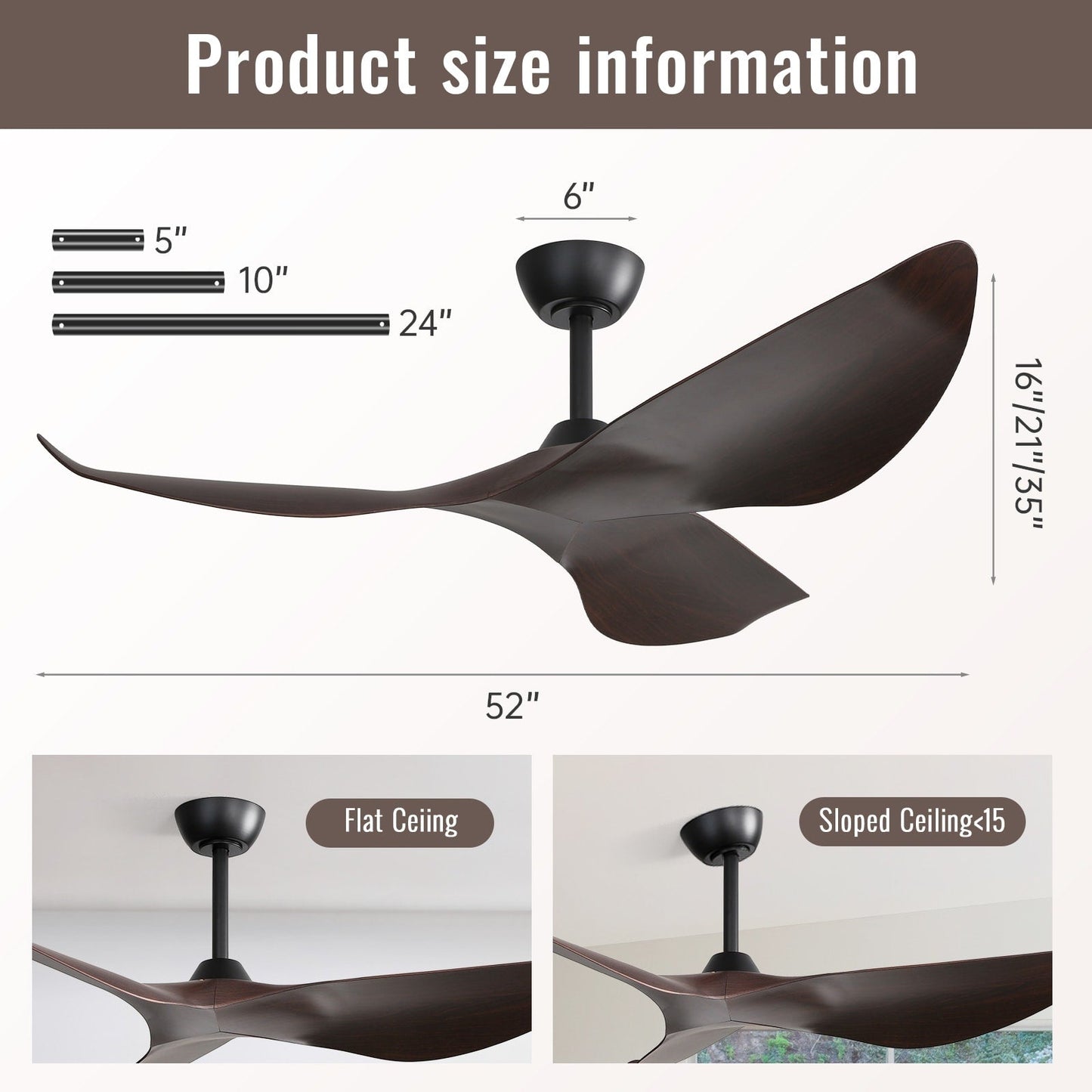 52 inch Modern Solid Wood / ABS Ceiling Fan With Remote Control(No Light),6 WInd Speed,Reversible Airflow