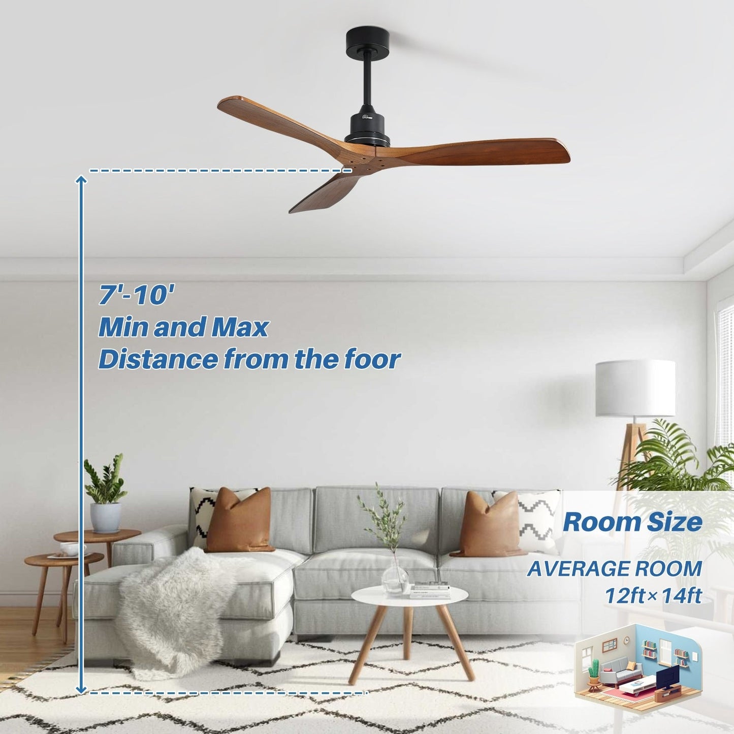 52 inch Modern Solid Wood / ABS Ceiling Fan With Remote Control(No Light),6 WInd Speed,Reversible Airflow