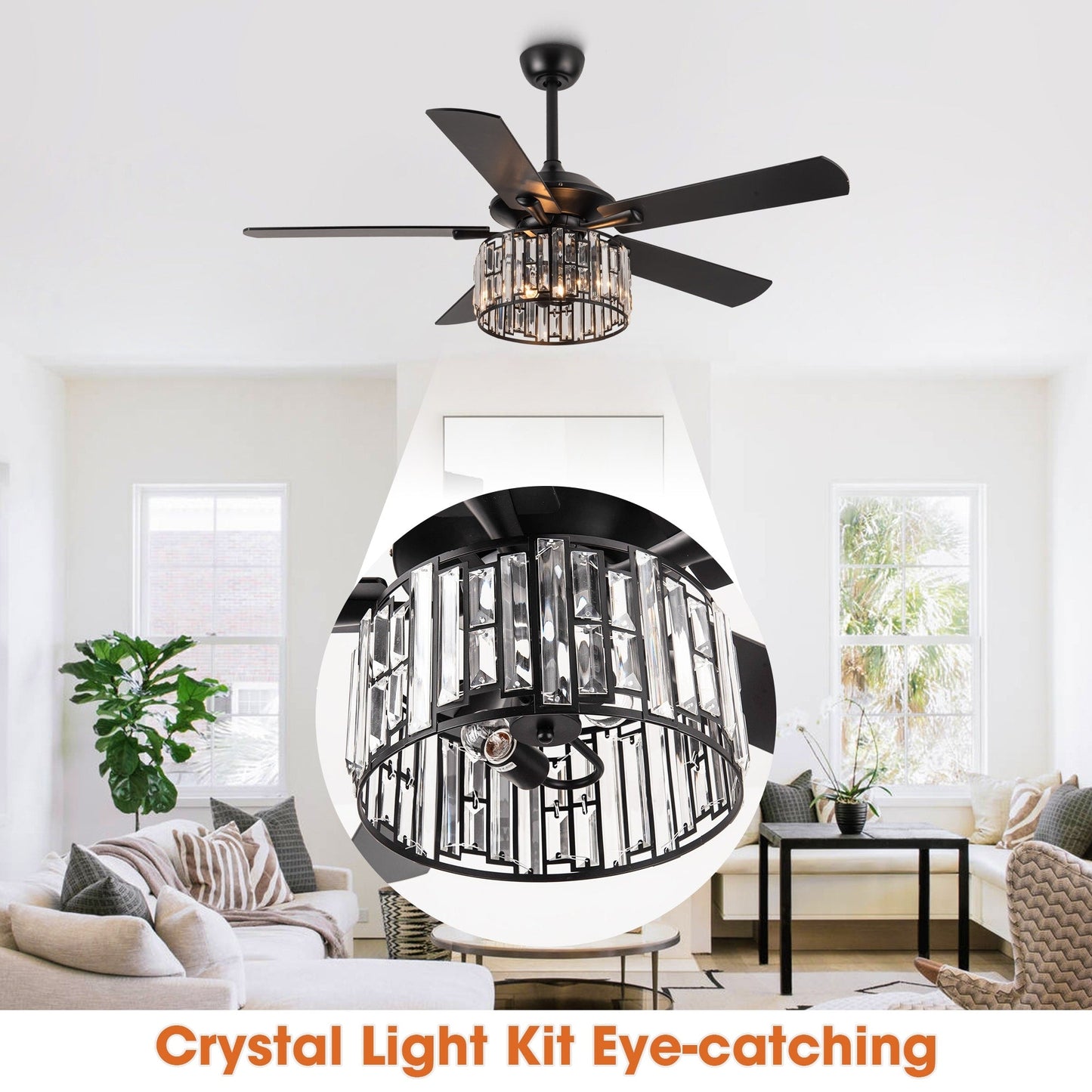 52 Black Wood Modern Crystal Indoor Ceiling Fan Chandelier with Remote