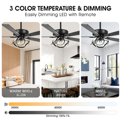 52 Modern Chrome/ Black Indoor Dimmable LED Ceiling Fan with Light and Remote