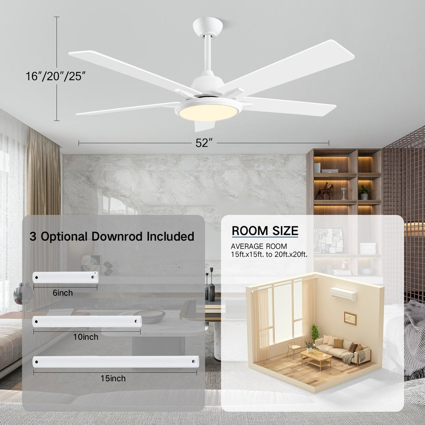 52 Modern Ceiling Fans with Lights and Remote, LED Dimmable