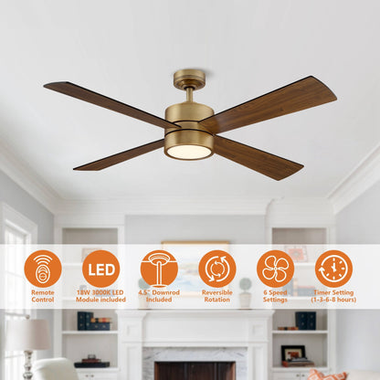 52 Antique Brass Wood 4-Blade Indoor Ceiling Fan with Light and Remote