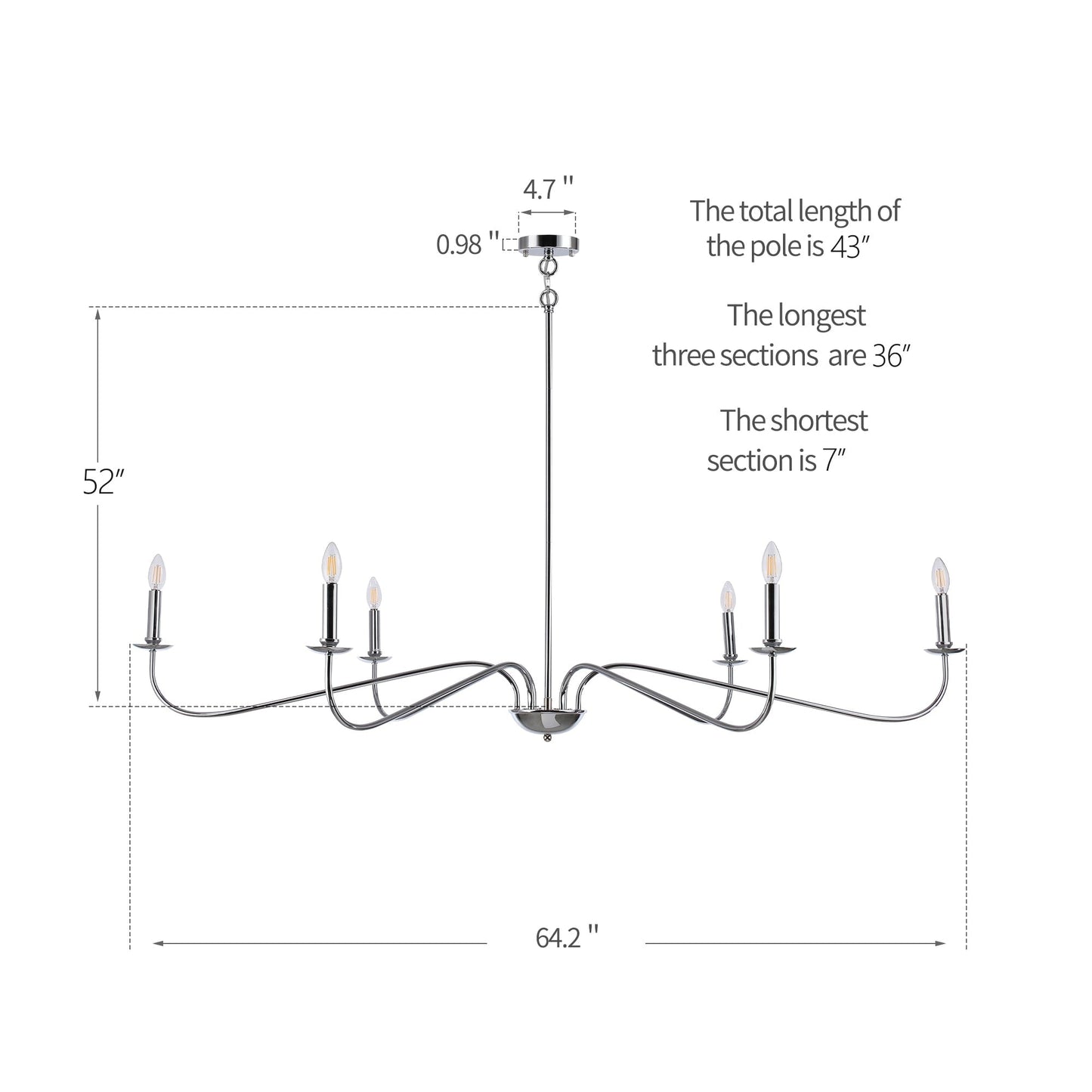 6 Light 64 Inches Minimalist Chandelier in Matte Black / Gold /Chrome - N/A