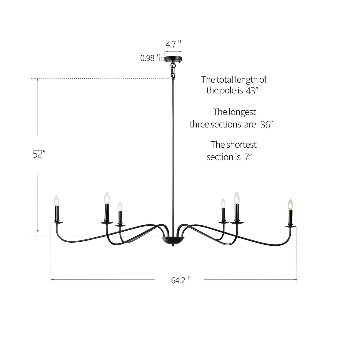 6 Light 64 Inches Minimalist Chandelier in Matte Black / Gold /Chrome - N/A