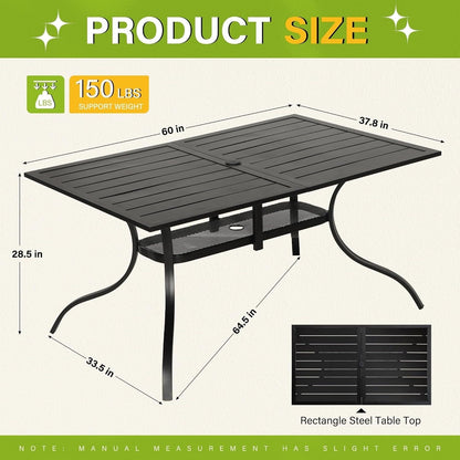 60 x 37 Outdoor Patio Rectangular Metal Slatted Dining Table with Umbrella Hole for 6 Person