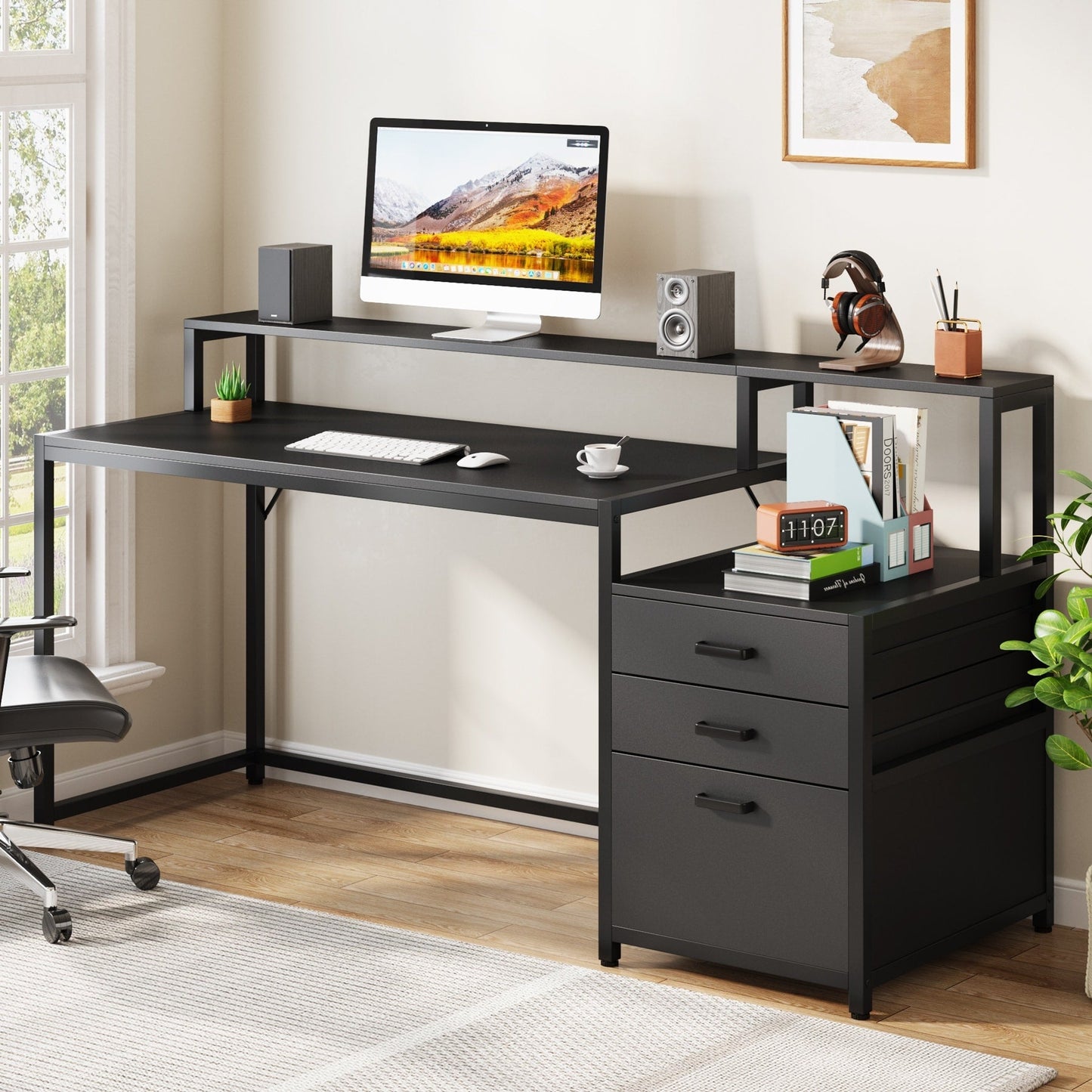 63 Computer Desk with Monitor Stand, Ergonomic Home Office Desks with Drawers File Cabinet