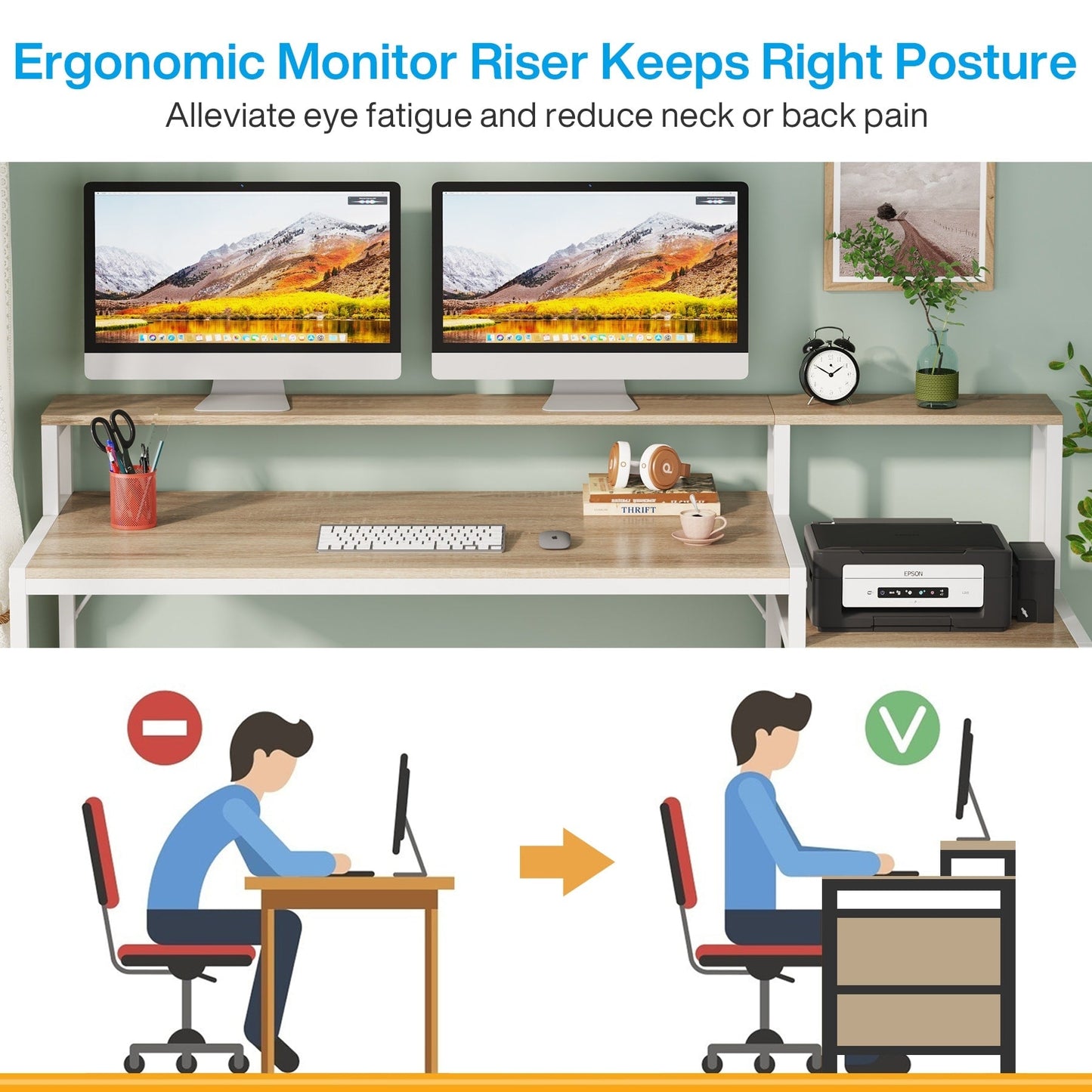 63 Computer Desk with Monitor Stand, Ergonomic Home Office Desks with Drawers File Cabinet