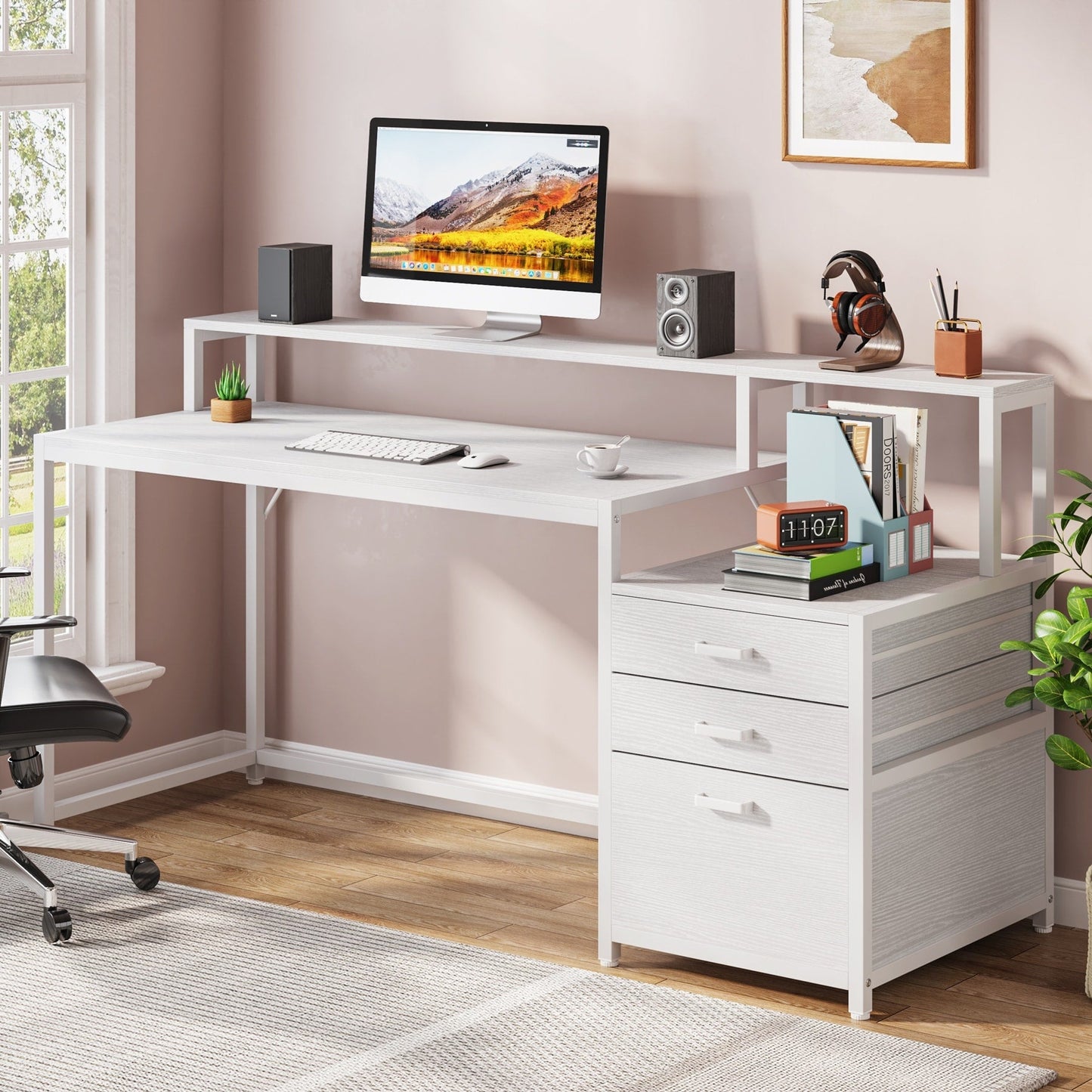 63 Computer Desk with Monitor Stand, Ergonomic Home Office Desks with Drawers File Cabinet