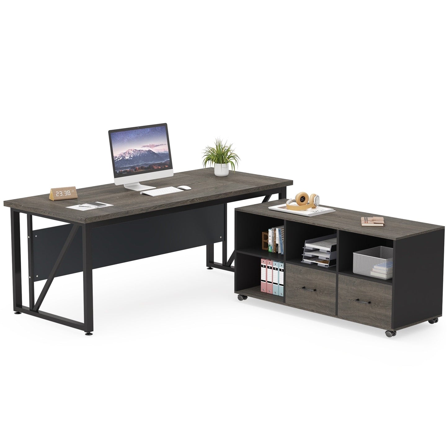 63 L-Shaped Computer Desk with 47 inches Lateral File Cabinet, Executive Desk Home Office Furniture Desk Set