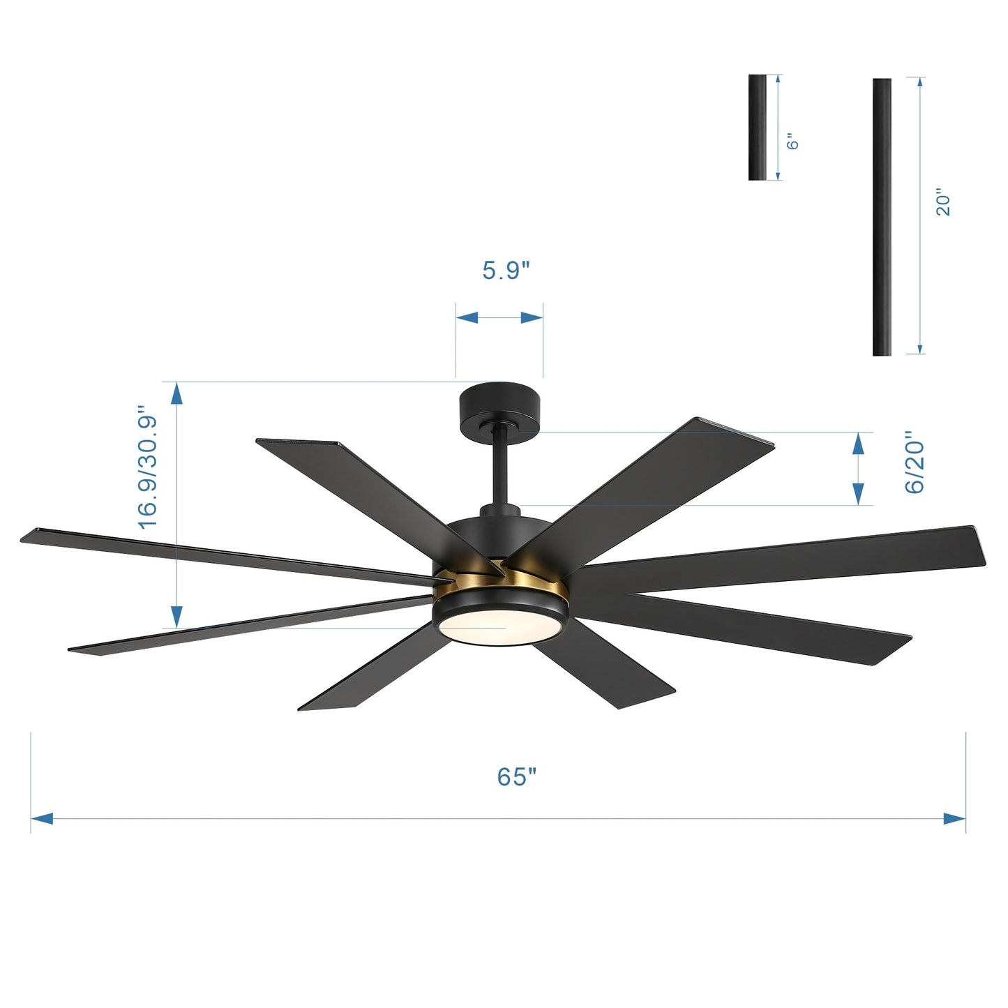 65 Inch 8-Blade Black LED Ceiling Fan with Light and Remote