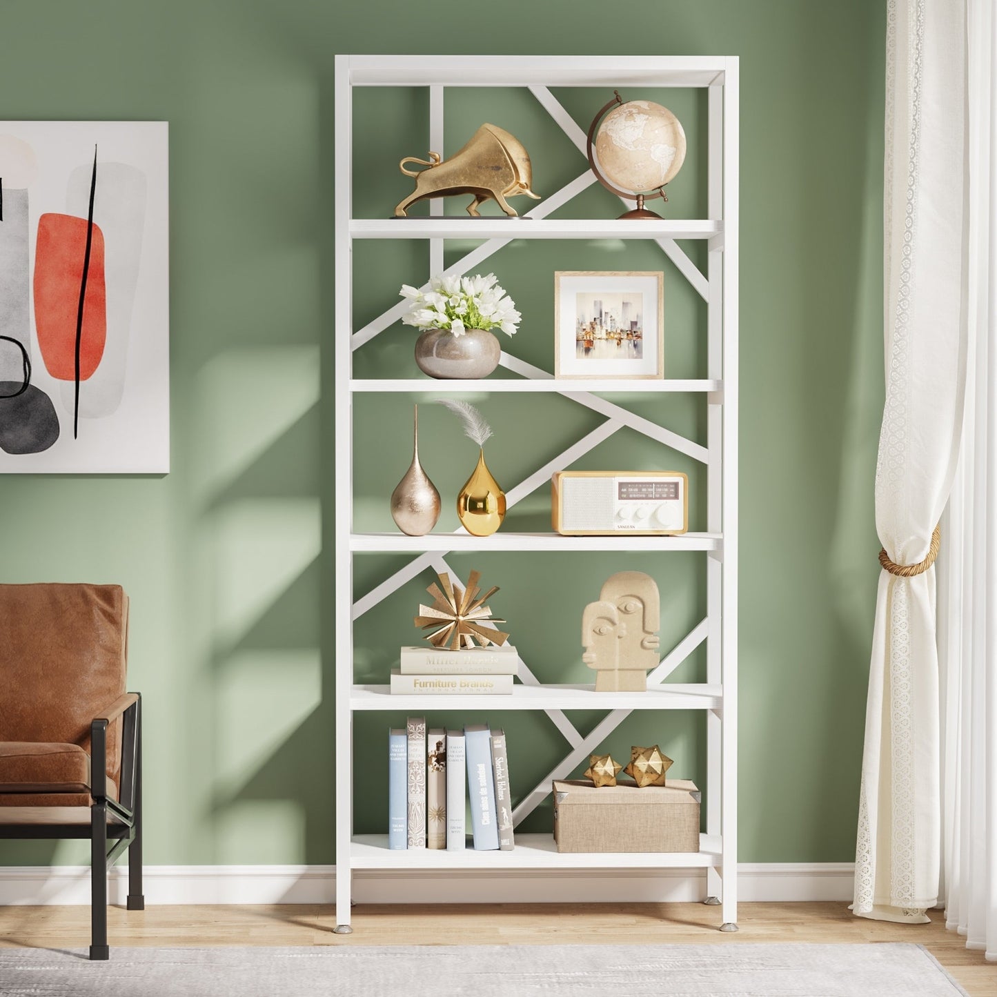 71 Industrial Bookshelf, 6 Tier Rustic Brown Wood Etagere Bookcase, Open Book Shelves