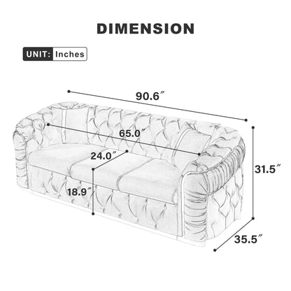 90.6 Velvet 3-Seater Sofa with 2 Pillows High-Density Cushions, Gold Accents, and Pillows