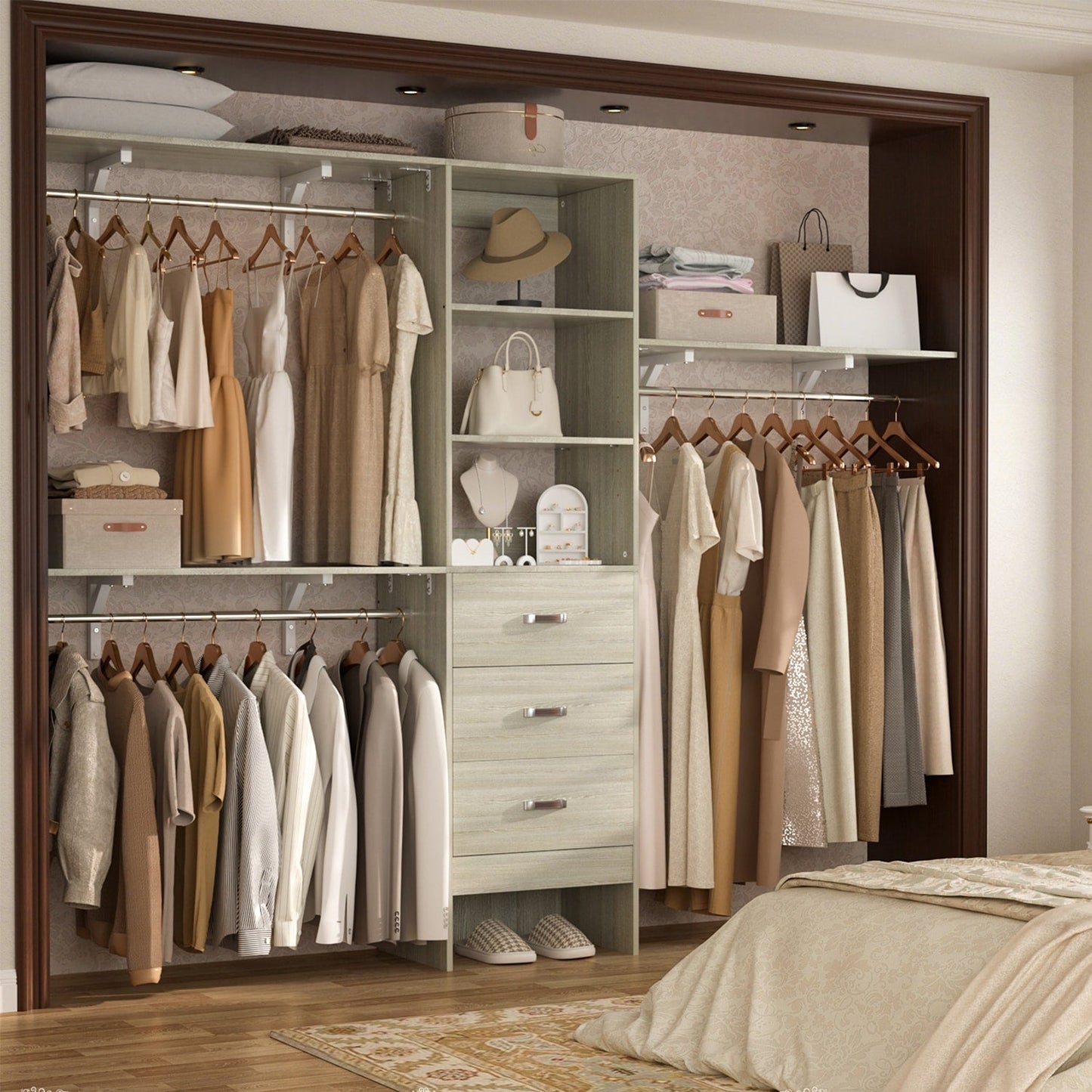 Rackcog 120'' Adjustable Closet Organizer with Drawers, Closet System with DIY Shelves for Reach-in and Walk-in Closet