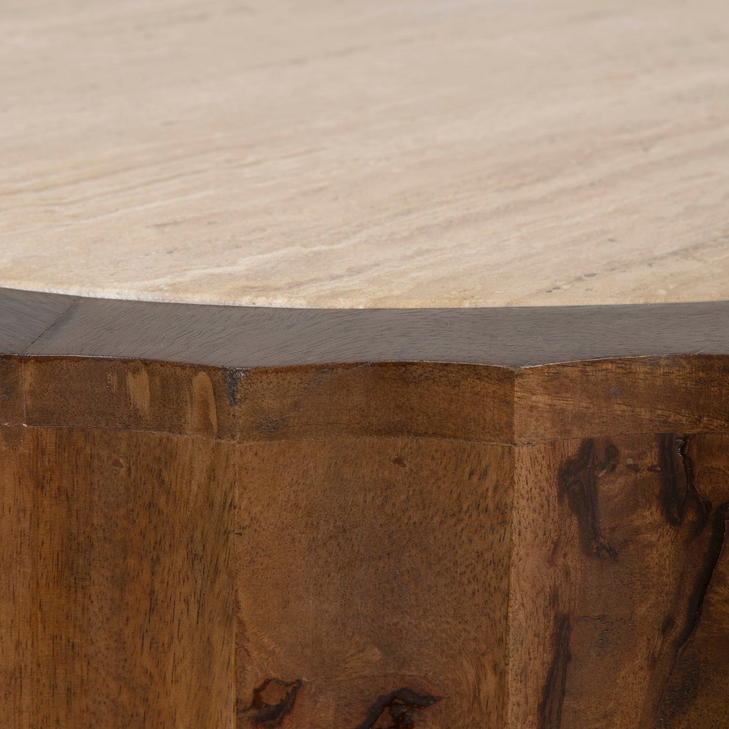 Avanti 89cm Travertine Top Round Coffee Table - Walnut