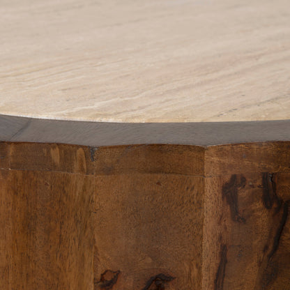 Avanti 89cm Travertine Top Round Coffee Table - Walnut