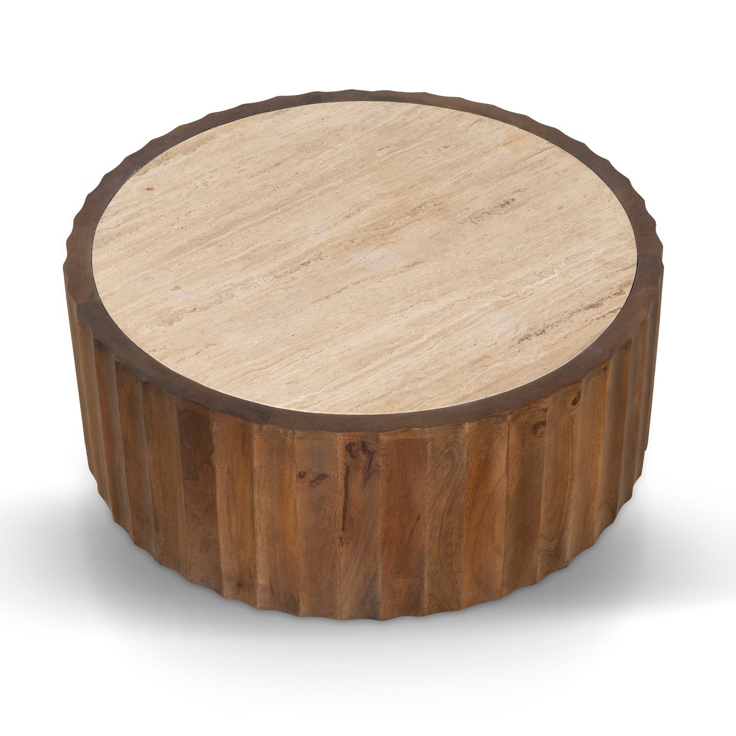 Avanti 89cm Travertine Top Round Coffee Table - Walnut