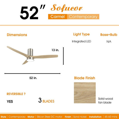 52 Inch Farmhouse Style Flush Mount Ceiling Fan with Light and Remote Control, Reversible DC Motor