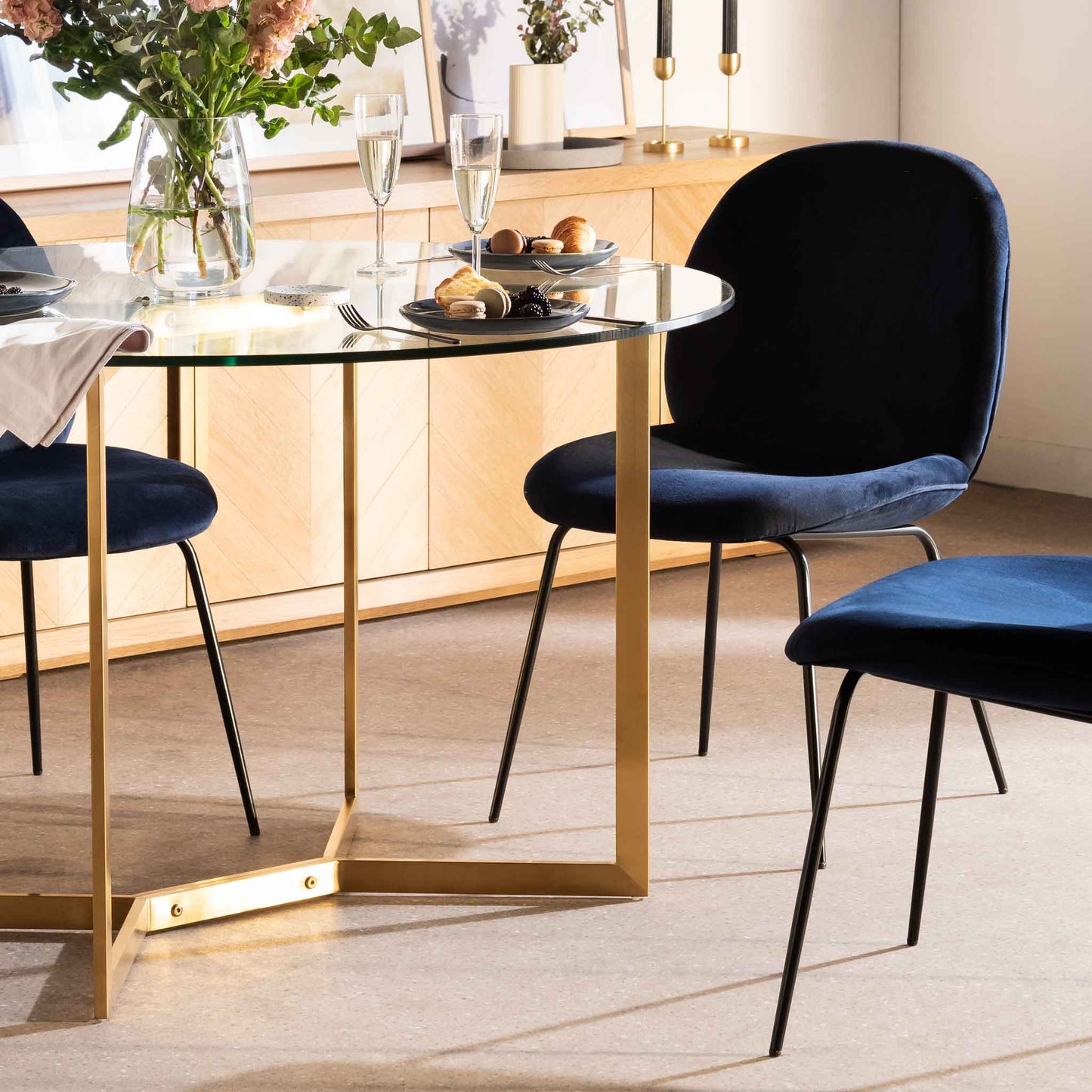 Cannon 1.2m Round Glass Dining Table - Gold Base