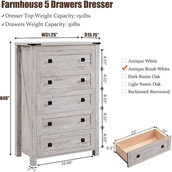 48 Tall Farmhouse 5 Drawer Wood Dresser, Chest of Drawers for Bedroom