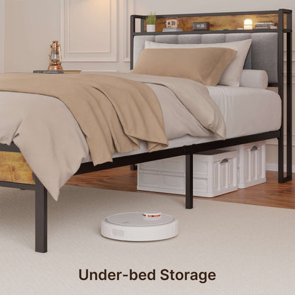 Twin / Full / Queen / King Size Metal Platform Bed Frame with Upholstered Storage Headboard