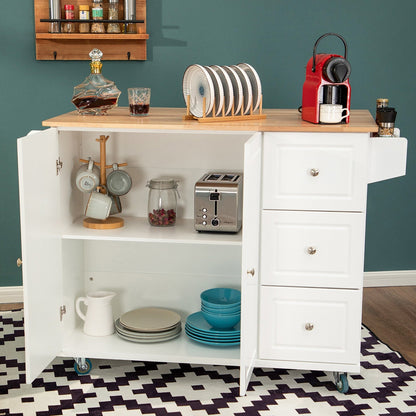 Sophia & William Kitchen Island Cart with Drop-Leaf and Rubber Wood Top, Rolling Kitchen Trolley Cart with Large Storage Cabinet