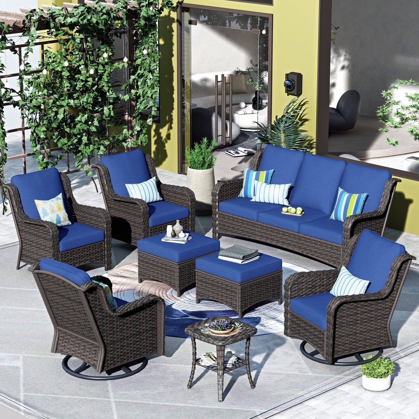 OVIOS 8-piece Patio Wicker Furniture Swivel Chair Set