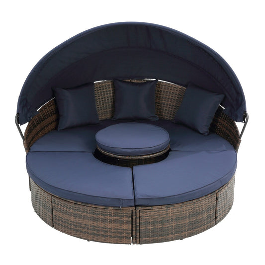 Outdoor Rattan Round Canopy Daybed with Lift Coffee Table, Navy Blue Deep Seating Sofa Bed with Pillows and Washable Cushions