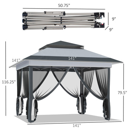Outsunny 12' x 12' Pop Up Canopy Sun Shade Instant Tent Folding with Mesh Sidewall Netting, 3-Level Adjustable Height