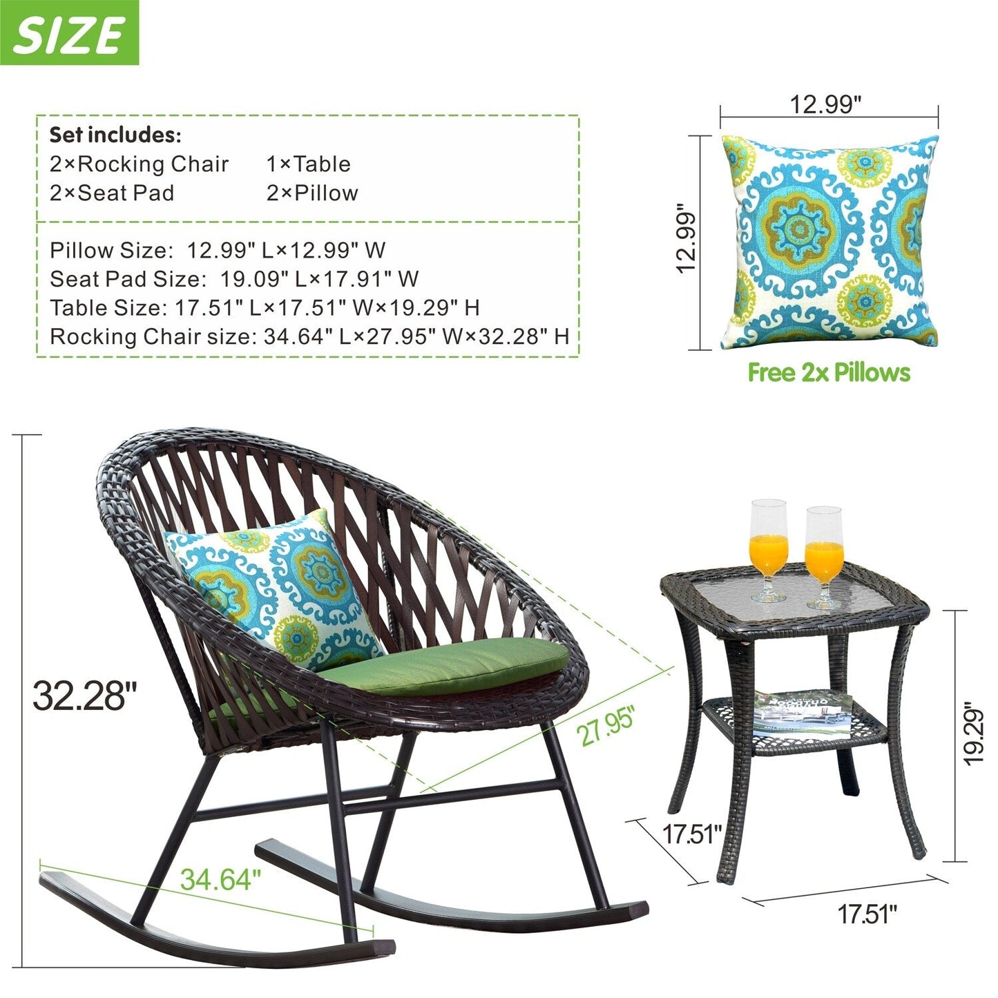 OVIOS 3-piece Patio Rocking Chair Bistro Set with Glass Coffee Table