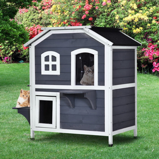 PawHut Fir Wood 2-Story Outdoor Cat House, Wooden Feral Cat Shelter with Openable Asphalt Roof for Indoor/Outdoor, White / Grey