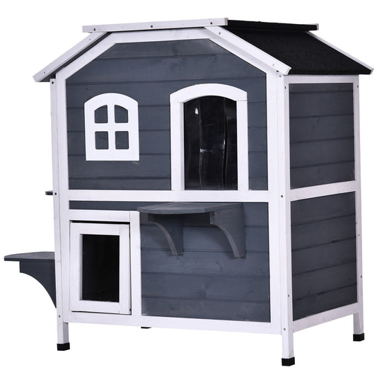 PawHut Fir Wood 2-Story Outdoor Cat House, Wooden Feral Cat Shelter with Openable Asphalt Roof for Indoor/Outdoor, White / Grey