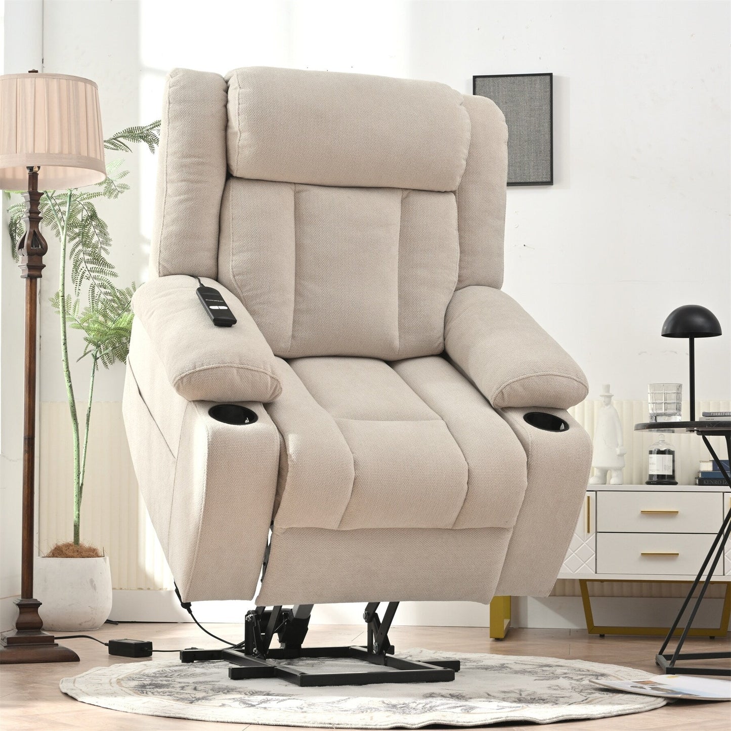 Power Lift Recliner Chair for Elderly, Fabric Lift Chairs w/ Extended Footrest, with 2 Cup Holders,Side Pockets, Remote Control