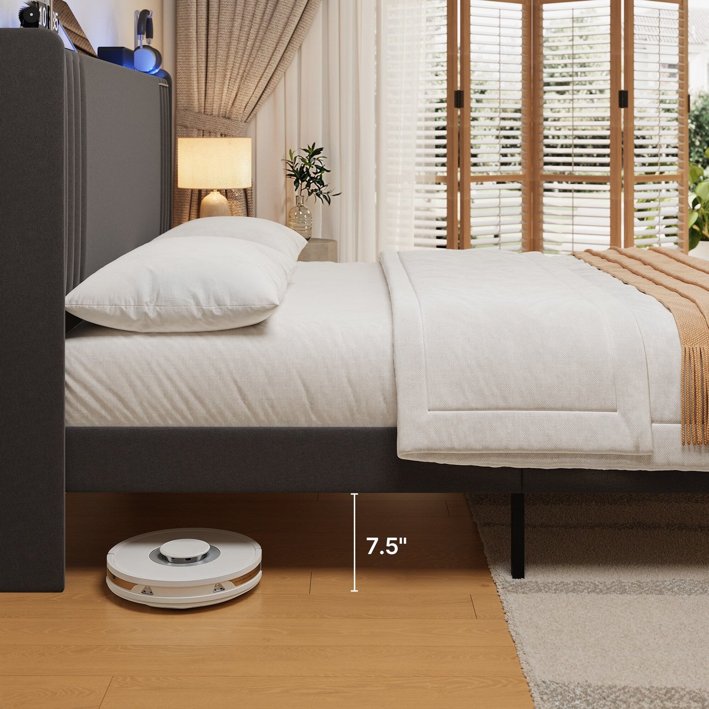 Queen/ Full Vertical Channels Upholstered Bed with Wingback Headboard