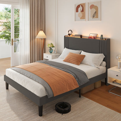 Queen/ Full Vertical Channels Upholstered Bed with Wingback Headboard